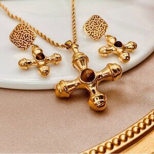 Tiger Eye Textured Square Dangle Cross Design Stud Earrings&Necklace Gold